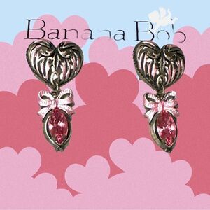 Banana Bob Victorian heart bow silver pink enamel crystal earrings 2” x 1”